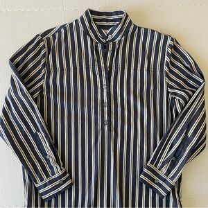 J. Crew Band Collar Button Front Navy and White Striped Blouse